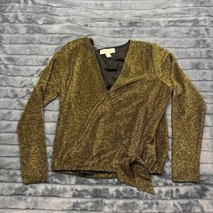 Michael Kors Womens Gold Metallic Wrap Top Long Sleeve Shimmer Blouse Large